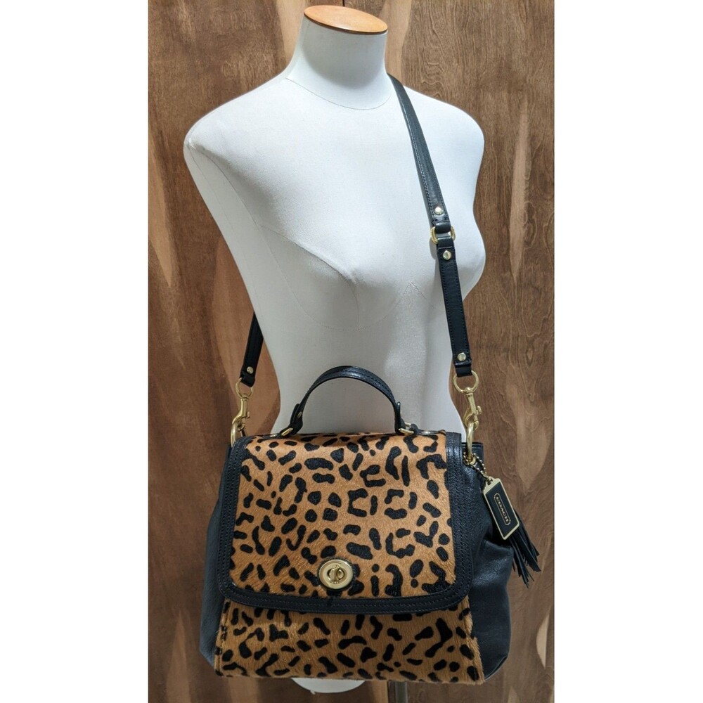 COACH Park Ocelot Haircalf Black Leather Turnlock Flap Satchel Bag - Picture 2 of 16